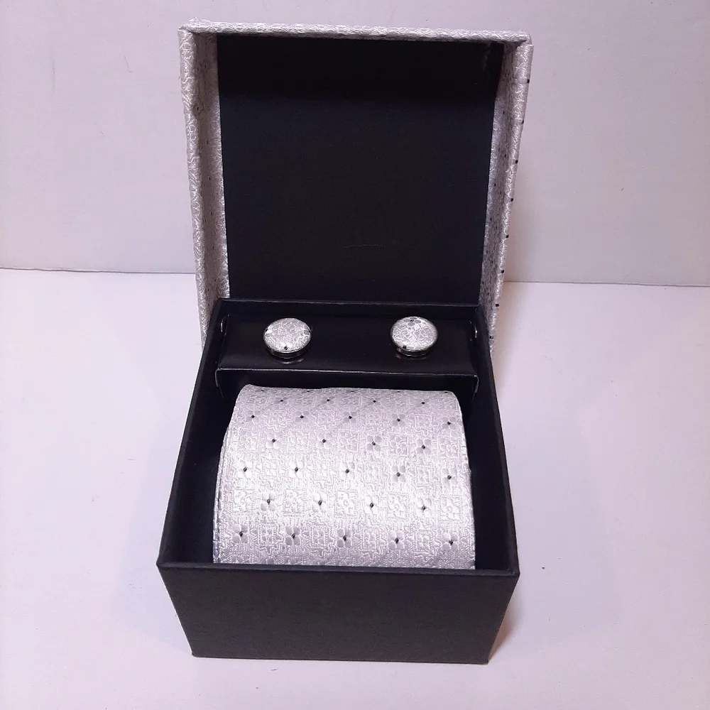 💠3Pc Boxed Gift Tie Set Coordinated Cuff Links Hankerchief Silver Metallic